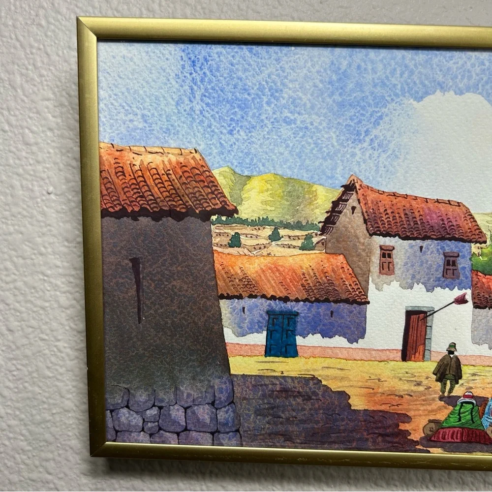 Vintage 1997 Original Signed Framed Watercolor Paint  Cultural Villa Cusco Peru
